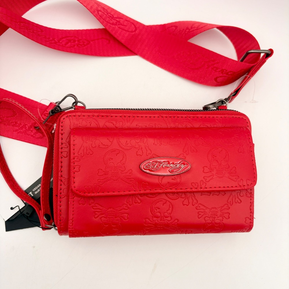 Ed Hardy Red Vegan Leather‎ Embossed Skull Crossbody Wallet Bag New